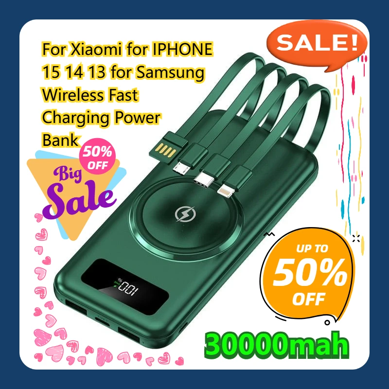 

For Xiaomi for IPHONE 15 14 13 for Samsung (Green,30000mAh) 30000mAh Wireless Fast Charging Power Bank