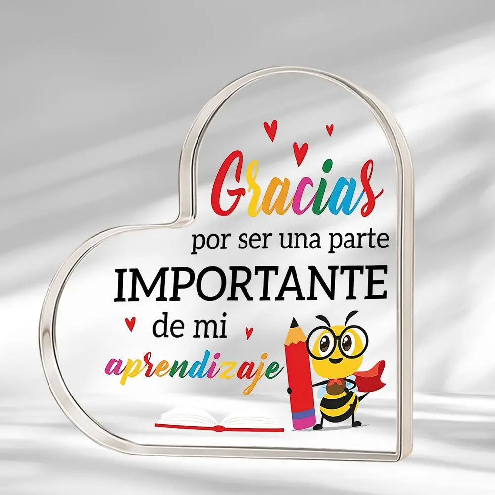 Spanish Teacher Thank You Acrylic Heart Desk Decor, Bee Heart Shape Acrylic Plaque, Appreciation Gift for Teacher