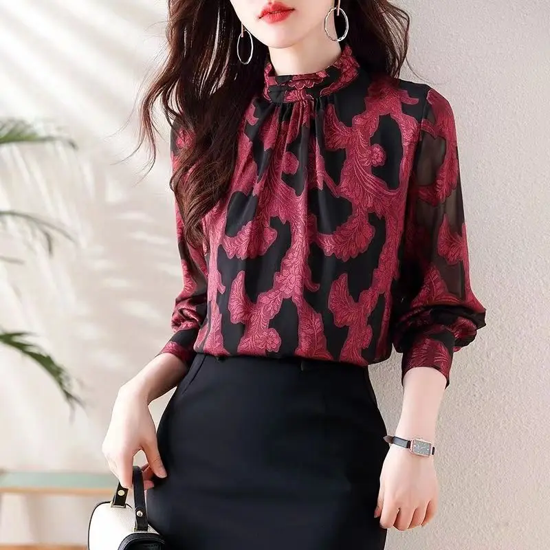 Vintage Jacquard Weave Shirt Spring Autumn Half High Collar Commute Women's Clothing Stylish Printed Folds Spliced Loose Blouse