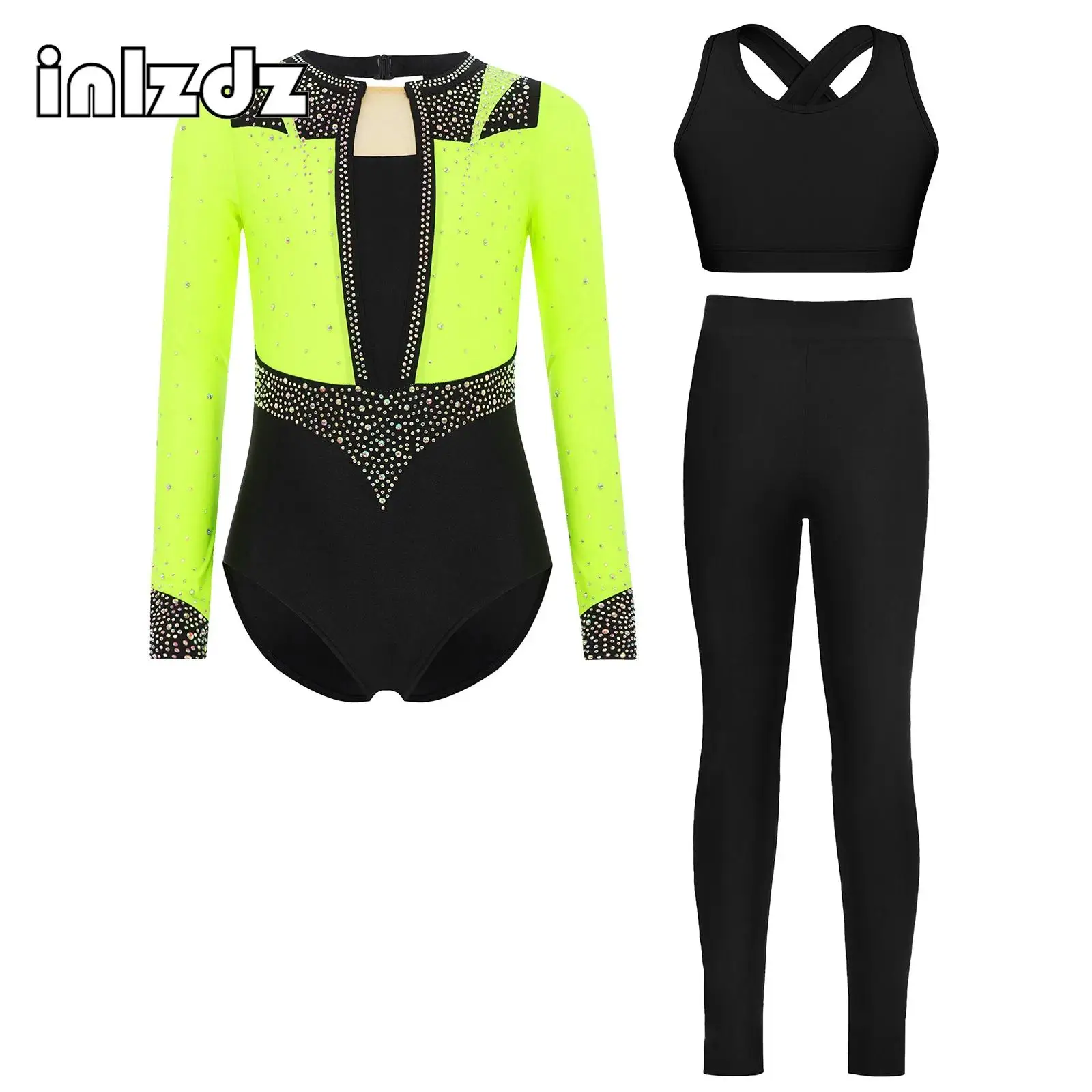 

Girls 3-Piece Gymnastics Athletic Figure Skating Ballet Dance Performance Outfit Long Sleeve Rhinestone Leotard+Vest+Leggings