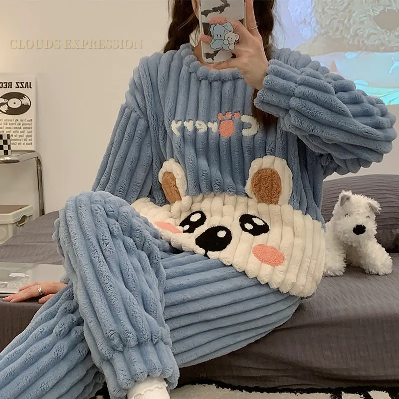 Autumn Winter Warm Flannel Women Long Pajama Sets Thick Coral Fleece Cute Girl Cartoon Sleepwear Flannel Female Pajamas Fashion