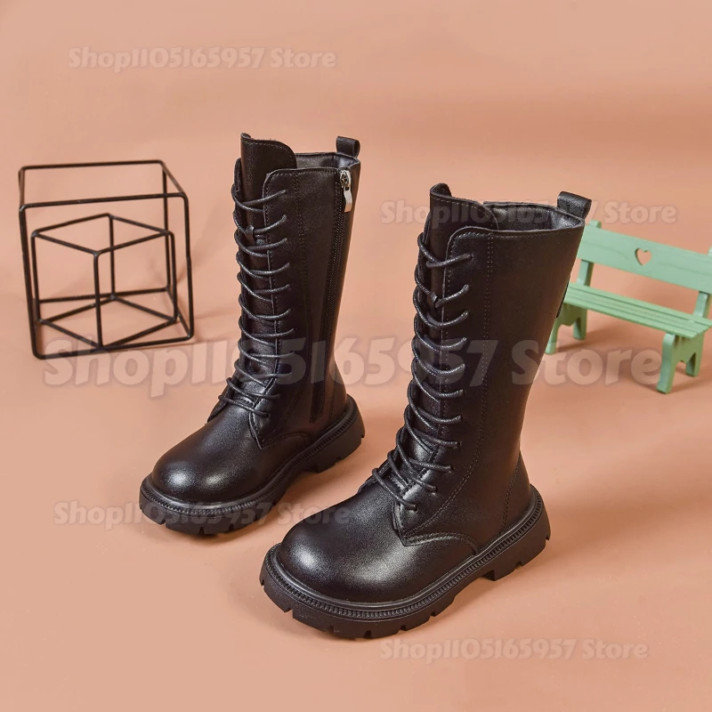 Nouvelles bottes d'hiver pour filles, hauteur genou, style punk, à lacets, avec fermeture éclair, en cuir PU noir et blanc, élégantes et polyvalentes pour enfants