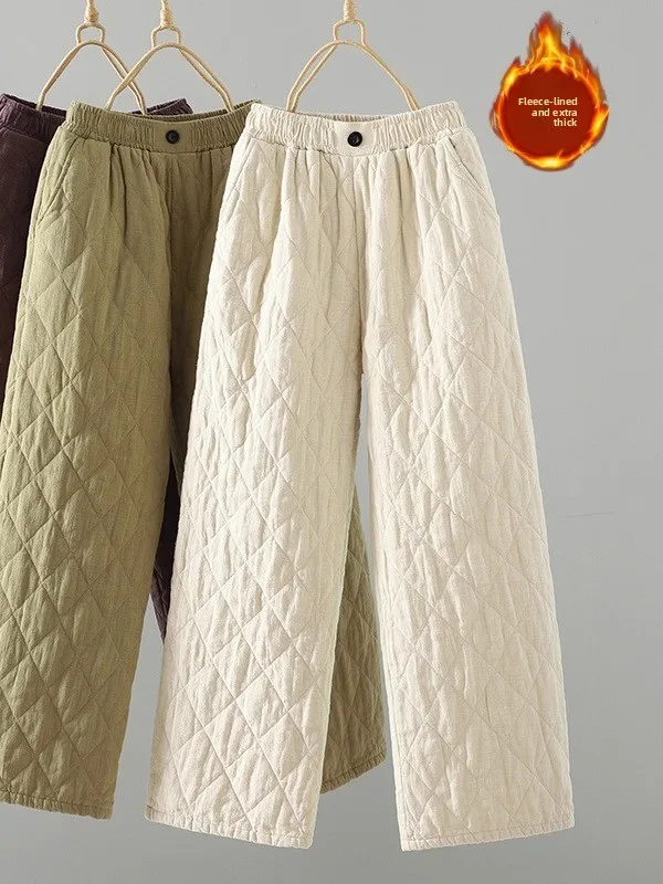 

Retro Fashion Diamond Pattern Thickened Warm Cotton Pants Women's Winter Loose Elastic Waist Slimming down Feather Pants