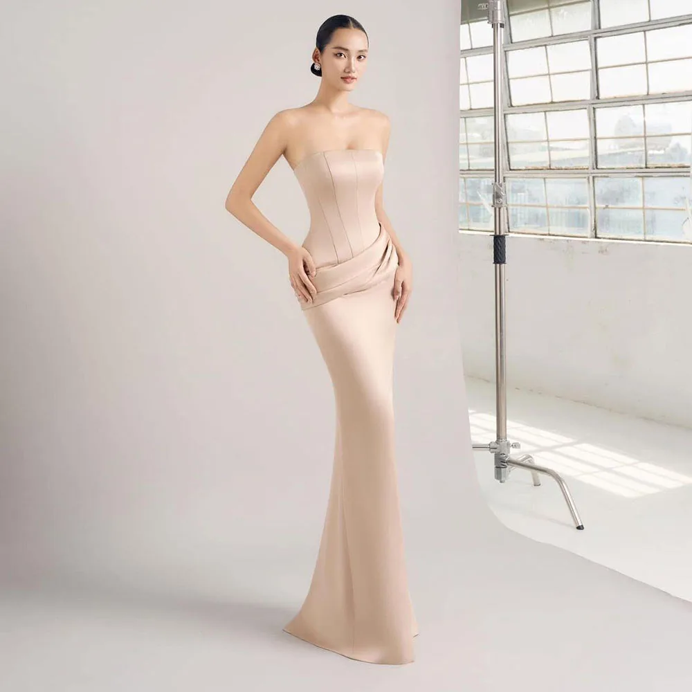 

Champange Evening Dresses Strapless Sleeveless High Quality Mermaid Banquet Celebrity Prom Party Formal Occasion Female Gowns