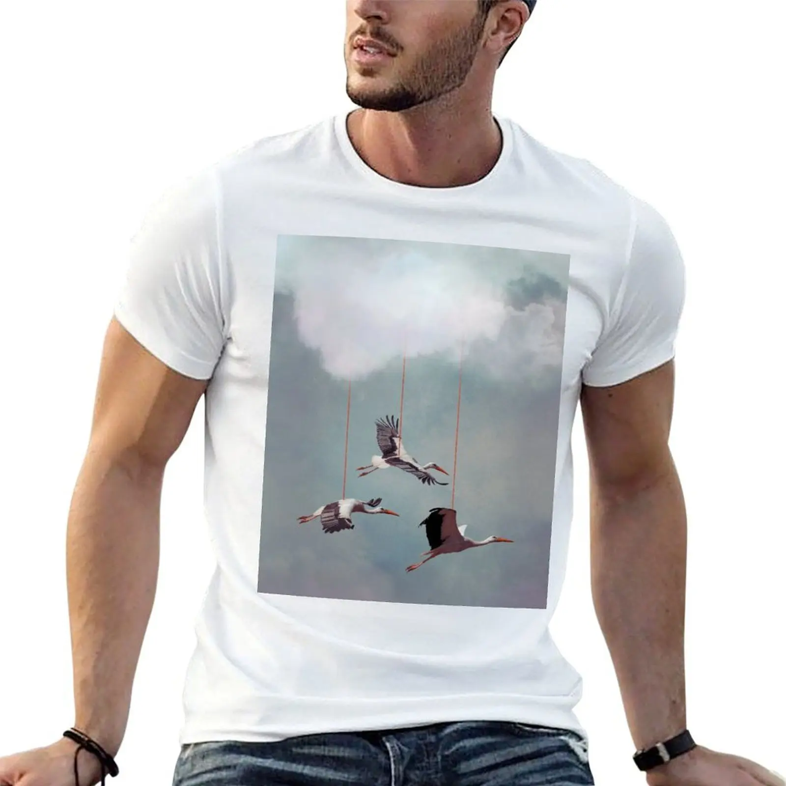 Suspend Belief' - White Storks hanging from Clouds T-Shirt graphic t shirts for man anime t shirts oversize T-Shirt