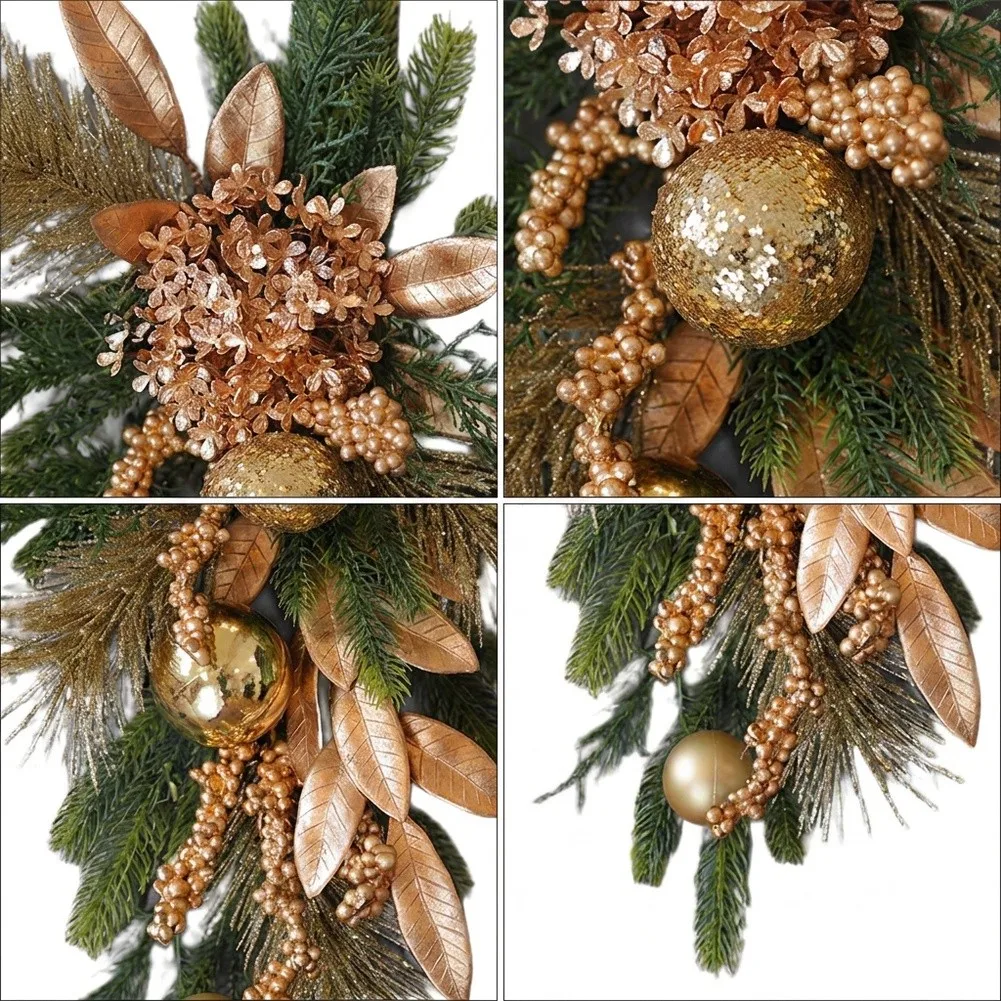 Christmas Pine Garland with Gold-Toned Accents Pine Tips and Berry Clusters for Home Door Fireplace Decoration