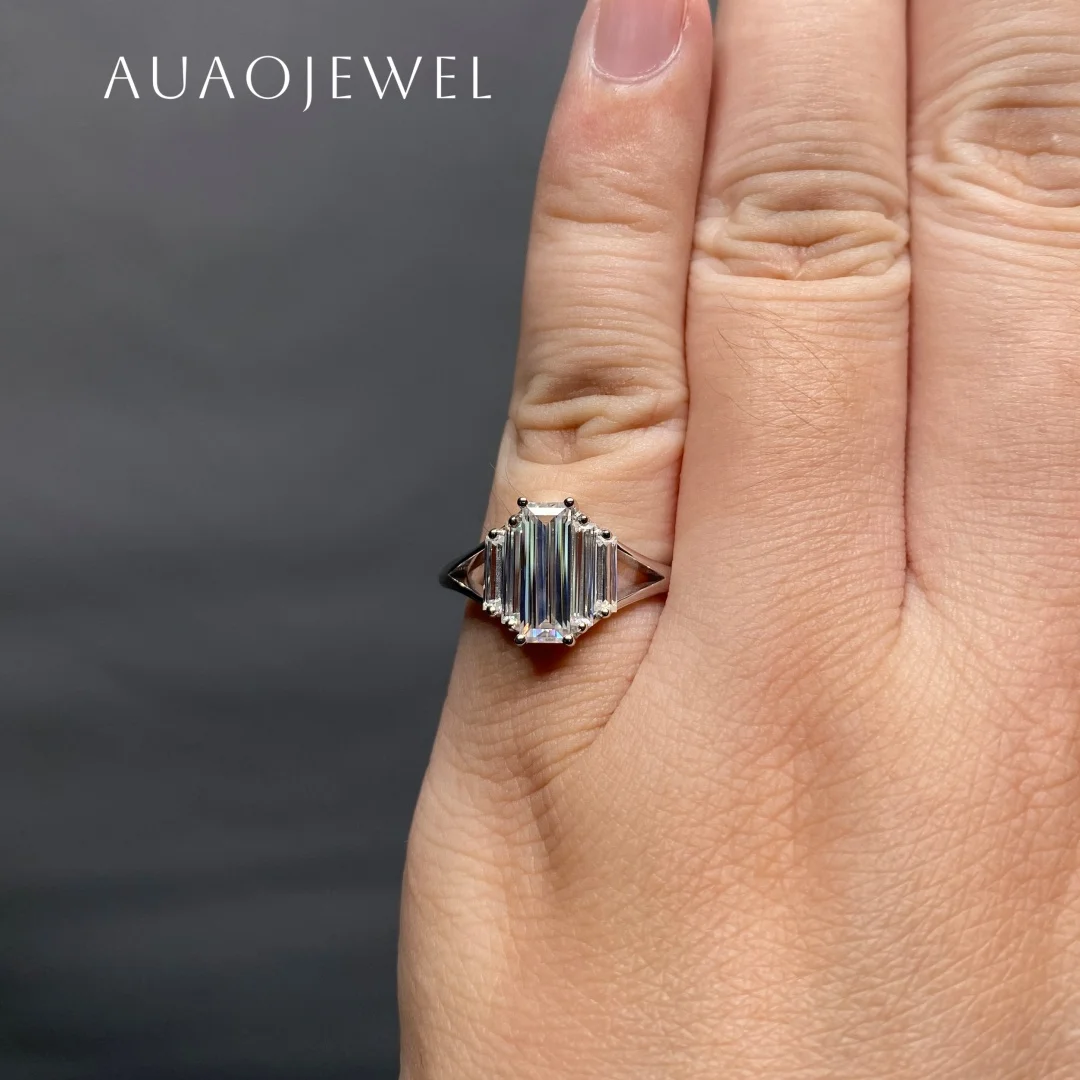 

AUAOJEWEL 0.8Carat Bague Cut Moissanite Wedding Ring 925 Sterling Silver 18K Gold Jewelry With Certificate Women Accessories