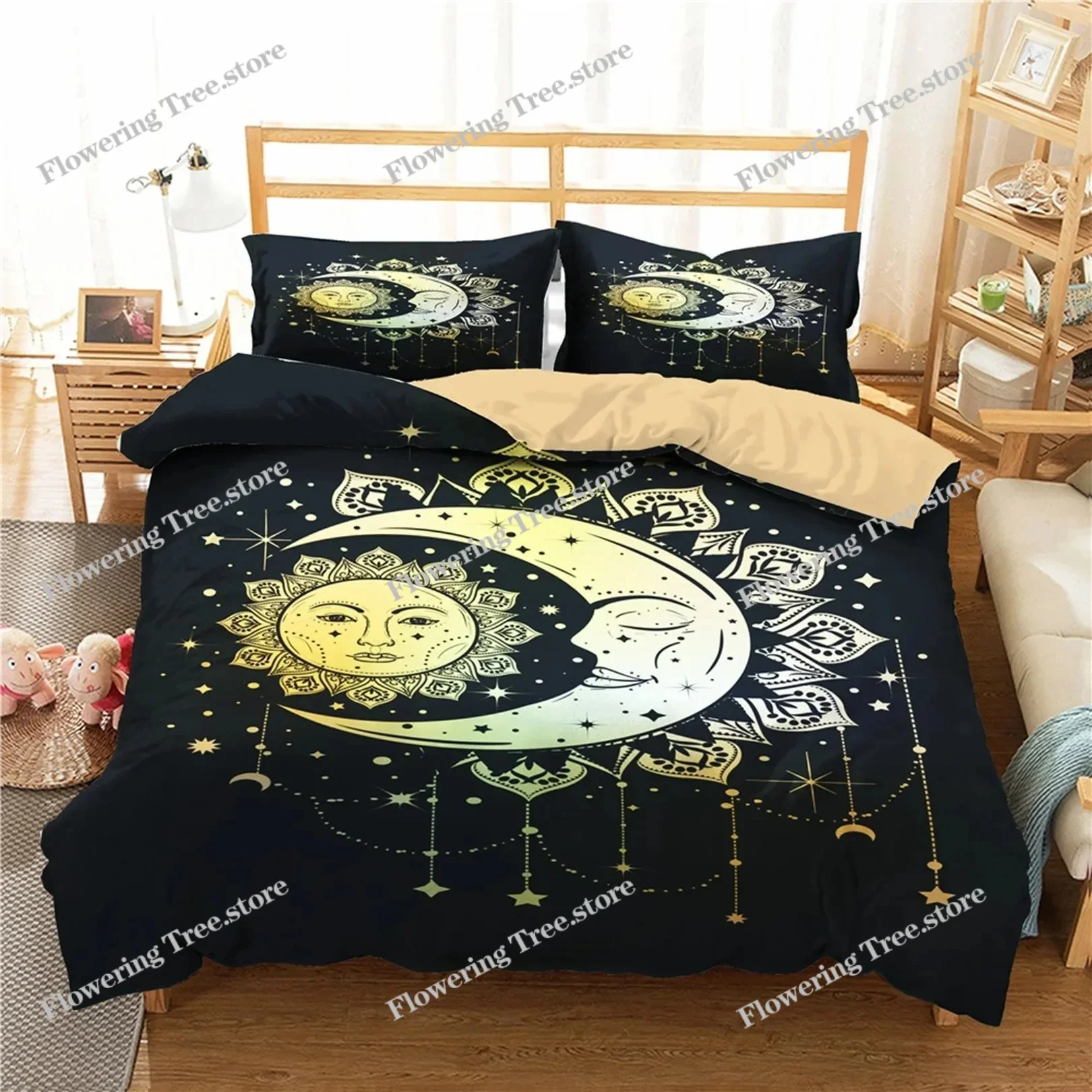 Mandala Duvet Cover Sun and Moon Decor Quilt Cover Set KingQueen Size,Boho Exotic Style Black and White Bedding Set for Adults