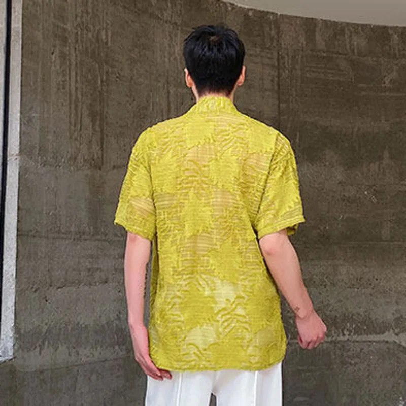 WVGA Summer New Men's Tide Printed Trendy Short Sleeve Shirts Niche Chic Casual V-Neck Tie Dye Hollow Out Floral Tops Ins W20942