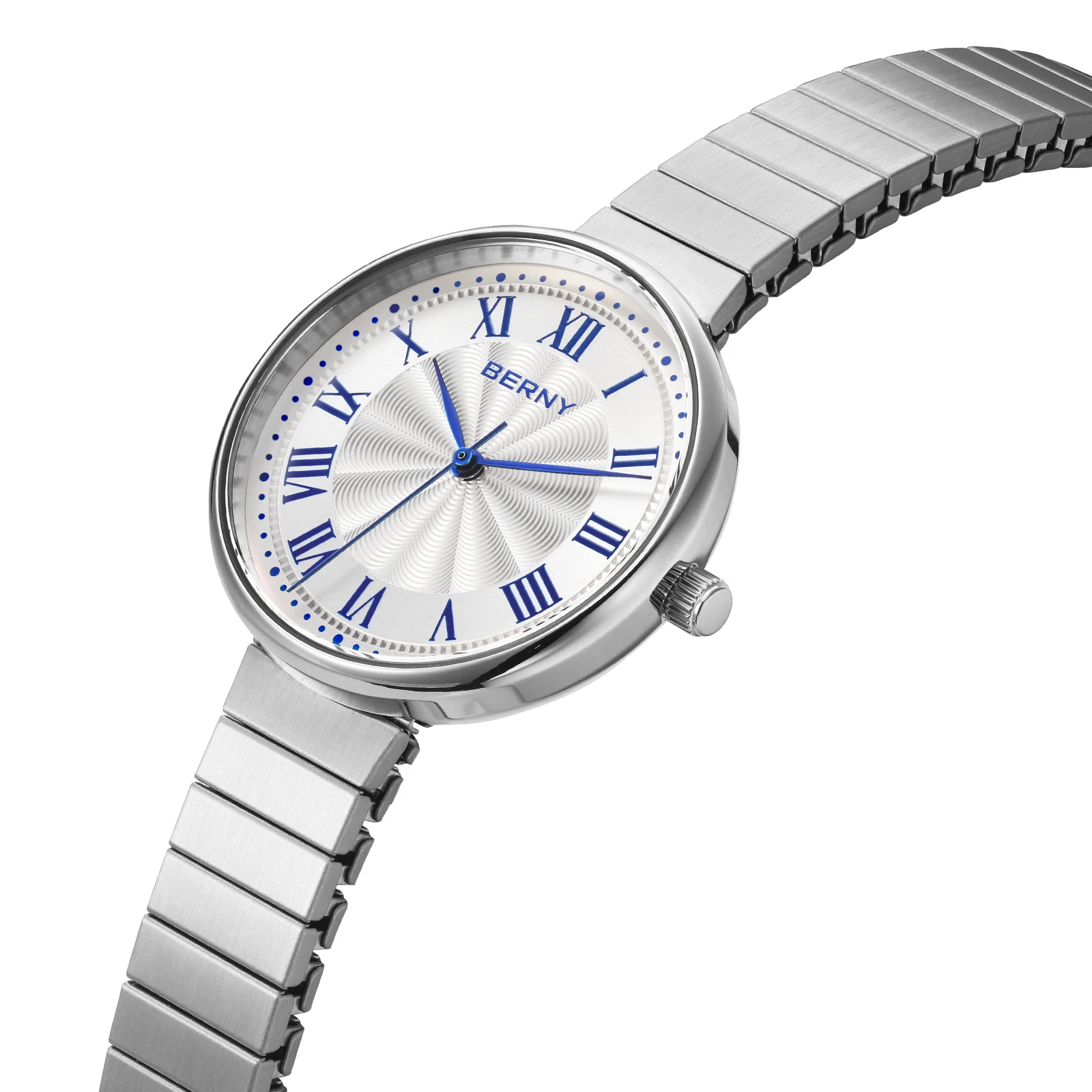 BERNY Quartz Watch for Women Stainless Steel Water Wave Texture Dial Waterproof Top Brand Exquisite Leisure Ladies Wristwatch