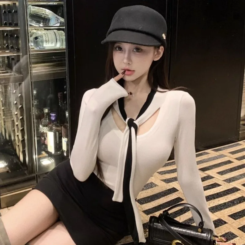 Slim Sweaters Women Autumn Winter Unique Korean Commuting Style Long Sleeve Stylish Formal Exquisite Sexy Spliced Languid Ins