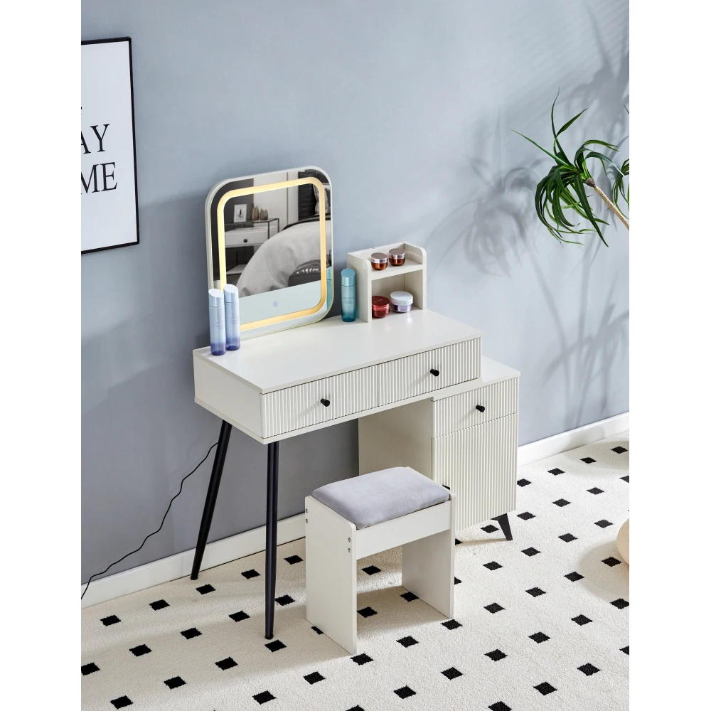 Makeup Vanity Desk SQUARE LED  Mirror Lights Modern Glass Top Big Vanity Drawers Dressing Table Set Stools Table Movable Side