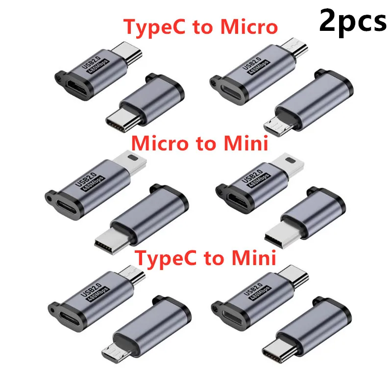 

2 шт. адаптер Micro USB to Type C Mini USB to USB C 480 Мбит/с, разъем для быстрой зарядки данных, адаптер USBC для планшетов, телефонов