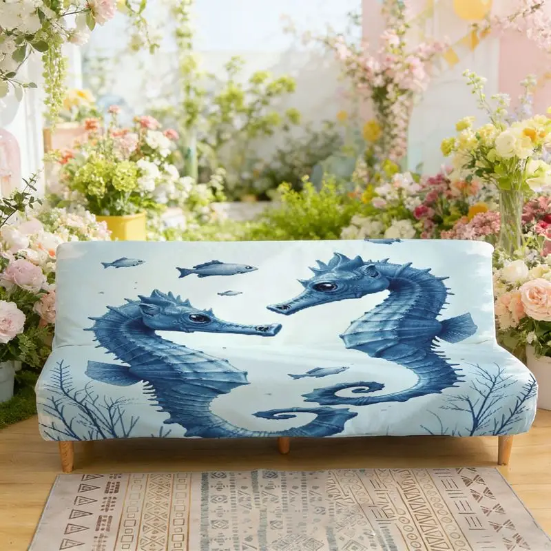 

Эластичный чехол для дивана-кровати без подлокотников с рисунком синего морского конька, подходит для мебели для гостиной и спальни