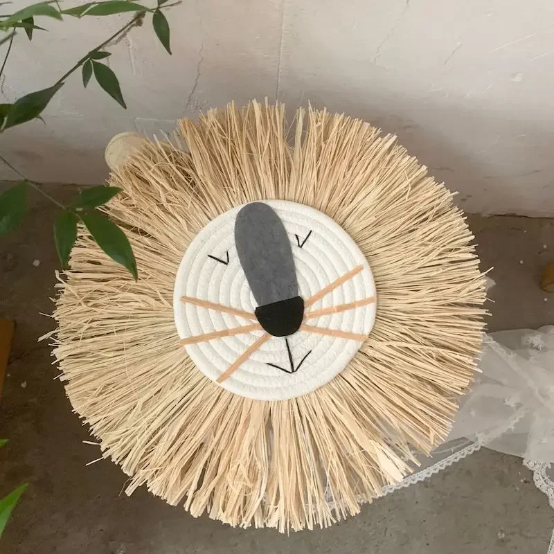 INS Nordic Handmade Cartoon Round Lion Hanging Decorations Cotton Thread Raffia Animal Head Ornament Children Room Wall Mounted