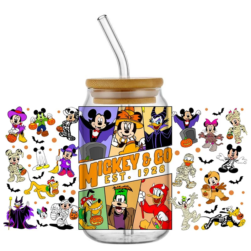 

Miniso New Halloween Mixed Design Mickey Cartoon Winnie Popular UV DTF Cup Mug Wraps Car Sticker DIY Deca For 16oz Libbey Glass