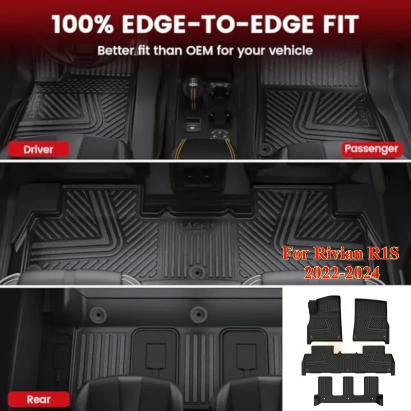 

4PCS Floor Mats for Rivian R1S 2022-2024 All Weather Floor Liner TPE Custom Fit Car Mats for Rivian R1S 1st 2nd 3rd Row Rubber
