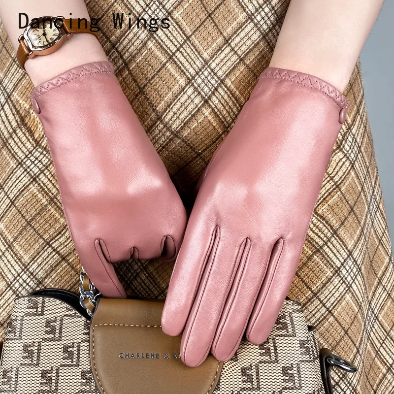 Women\'s sheepskin gloves winter warm plus velvet short thin touch screen driving color women\'s leather gloves good quality