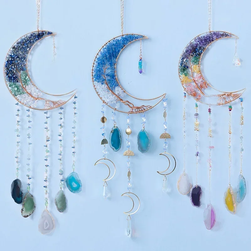 Crystal Stone Rainbow Catcher Tree Of Life Moon Dream catchers Color 7 Chakra Gemstone Reiki Healing Natural Stone Wall Hangings