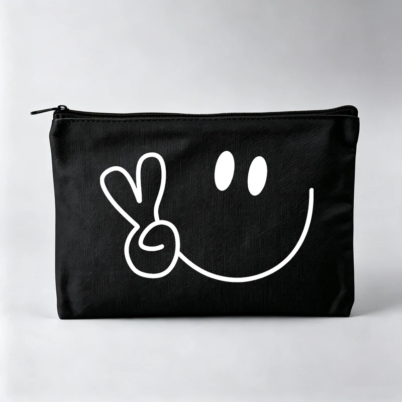 Women's Peace Sign Smile Graphic Makeup Bag, Casual Cosmetic Pouch for Daily Use