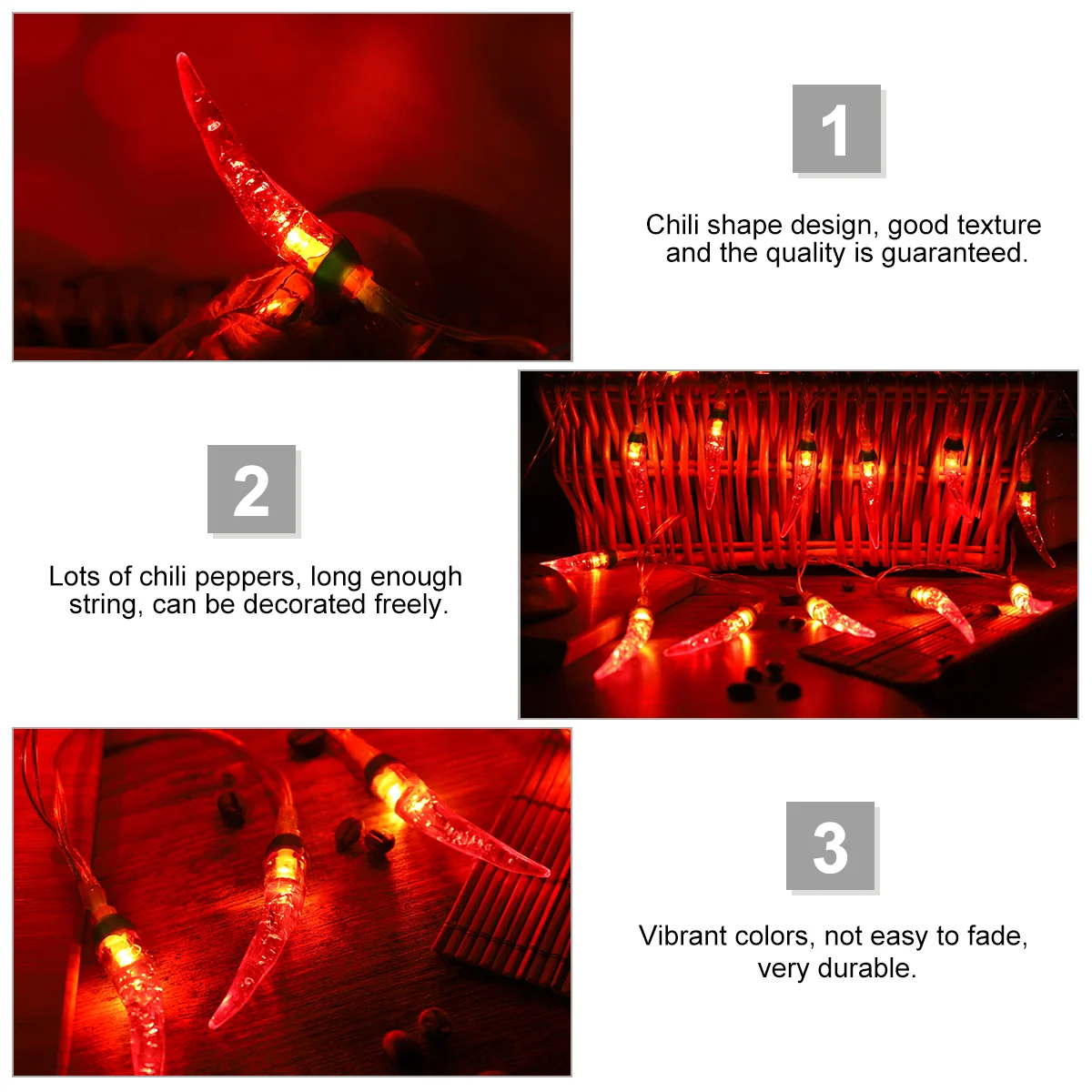 OSALADI Chili String Lights 3 Meters 20 LEDs Powered Pepper Lights Decorations for Patio Fence Deck Balcony Camping