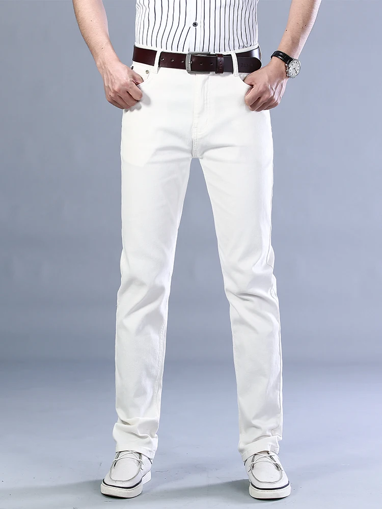 4 Colors Autumn Classic Style Men\'s Slim White Jeans Business Casual Cotton Stretch Khaki Denim Pants Wine Red Trousers Male