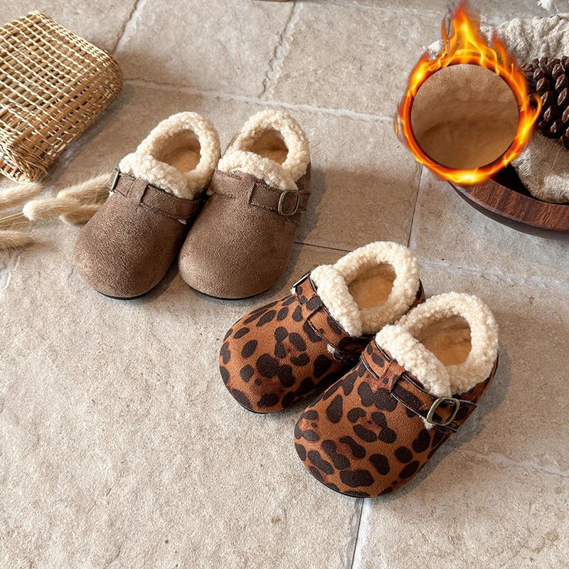 Children's Fleece-Lined Boots Girls Leopard Print Cotton Shoes Winter Warm Boys Plush Shoes Kids Furry Toddler Baby Kids Boots