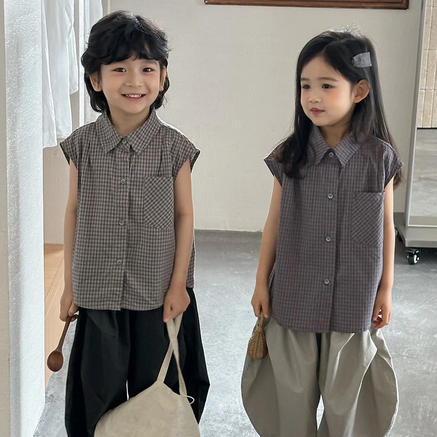 Shirt 2026 Spring and Summer New Children's Wear Korean Style Boys and Girls Foreign Style Thin Sleeveless Plaid Shirt