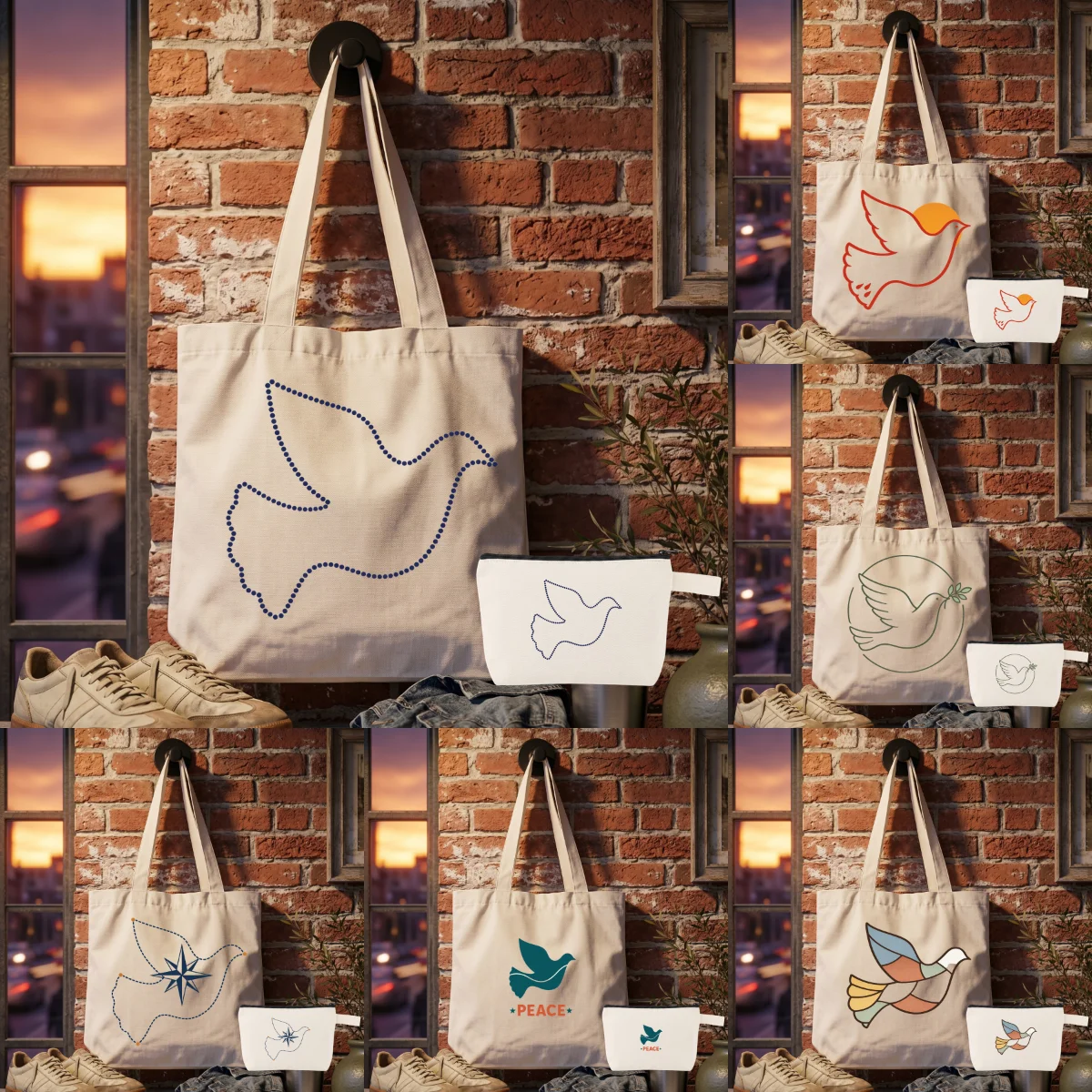 

1 Set Peace Dove Canvas Combo Bag, Vintage Peace Slogan Bird Art Print Everyday Tote plus Matching Cosmetic Zipper Pouch
