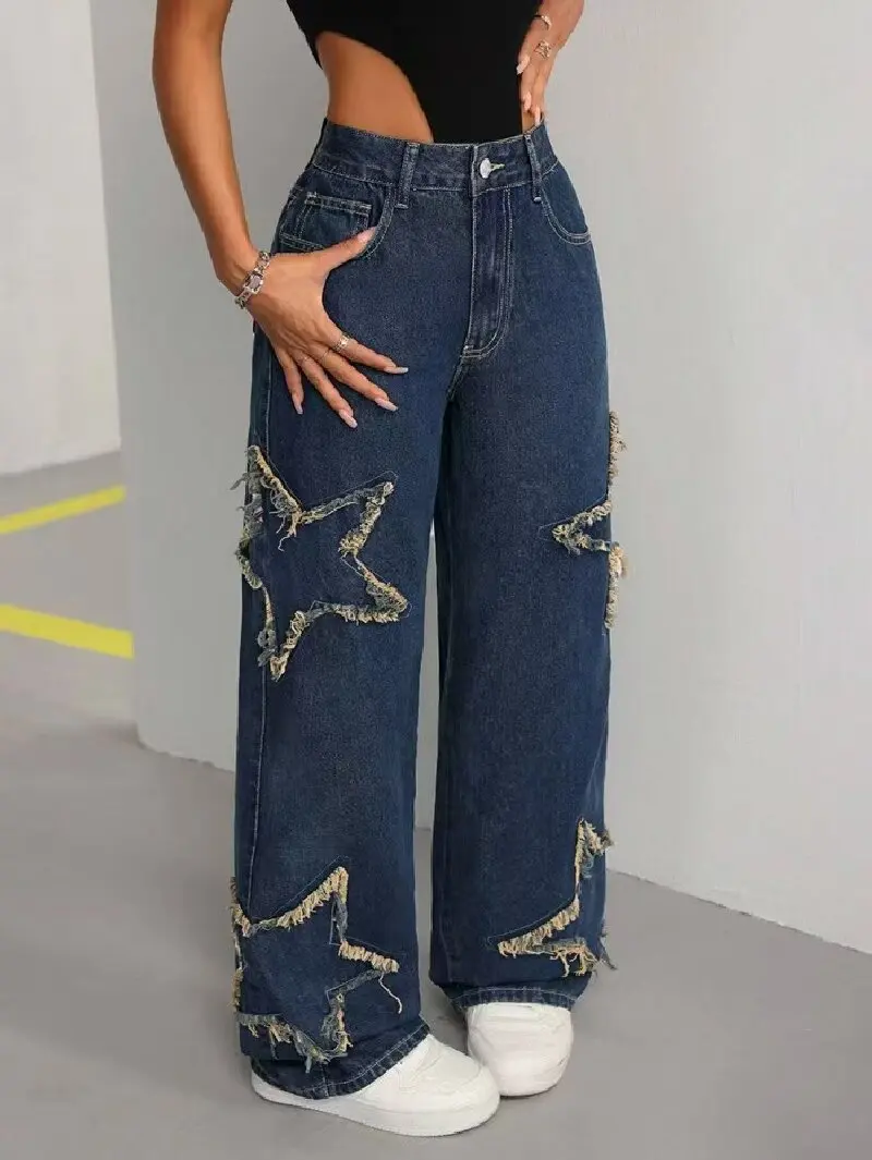 

Джинсы с пентаграммой и аппликацией, европейско-американские свободные прямые брюки с кисточками и необработанными краями, женские модные джинсовые брюки с высокой талией