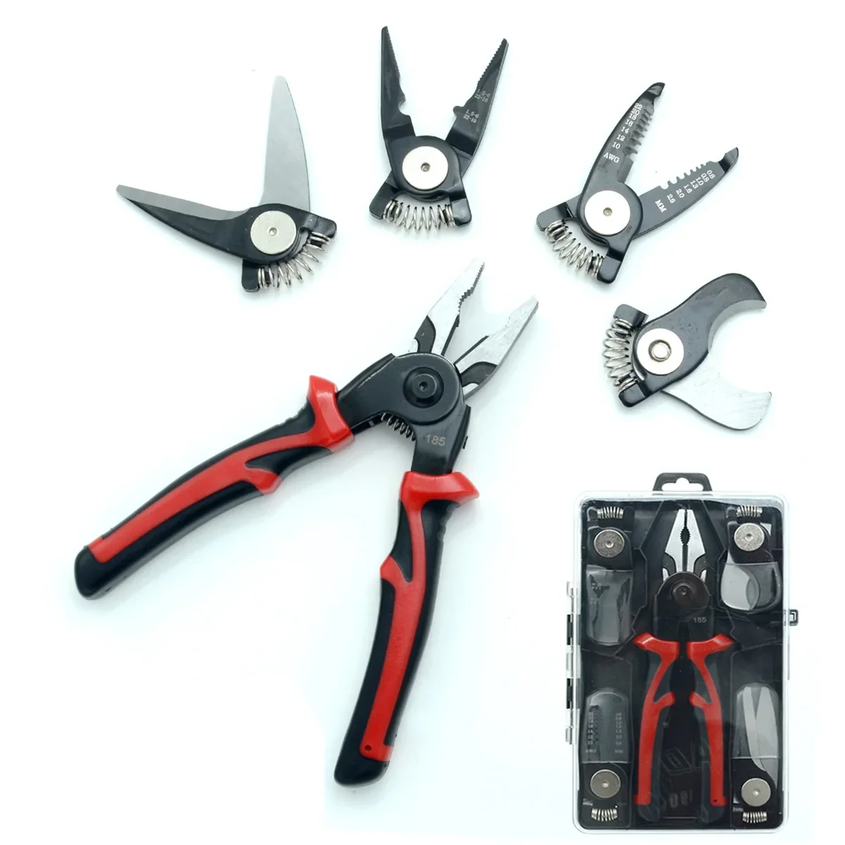 

5-in-1 Multi-functional Pliers Set,Interchangeable Plier Heads Steel Wire Pliers,Wire Stripper,Cable Clamp,Crimping Pliers