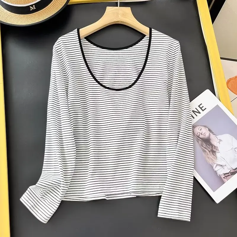 Maxdutti Summer British Casual Striped  Women T-Shirt Female Fashion Ladies Round Neck Pure Cotton Top