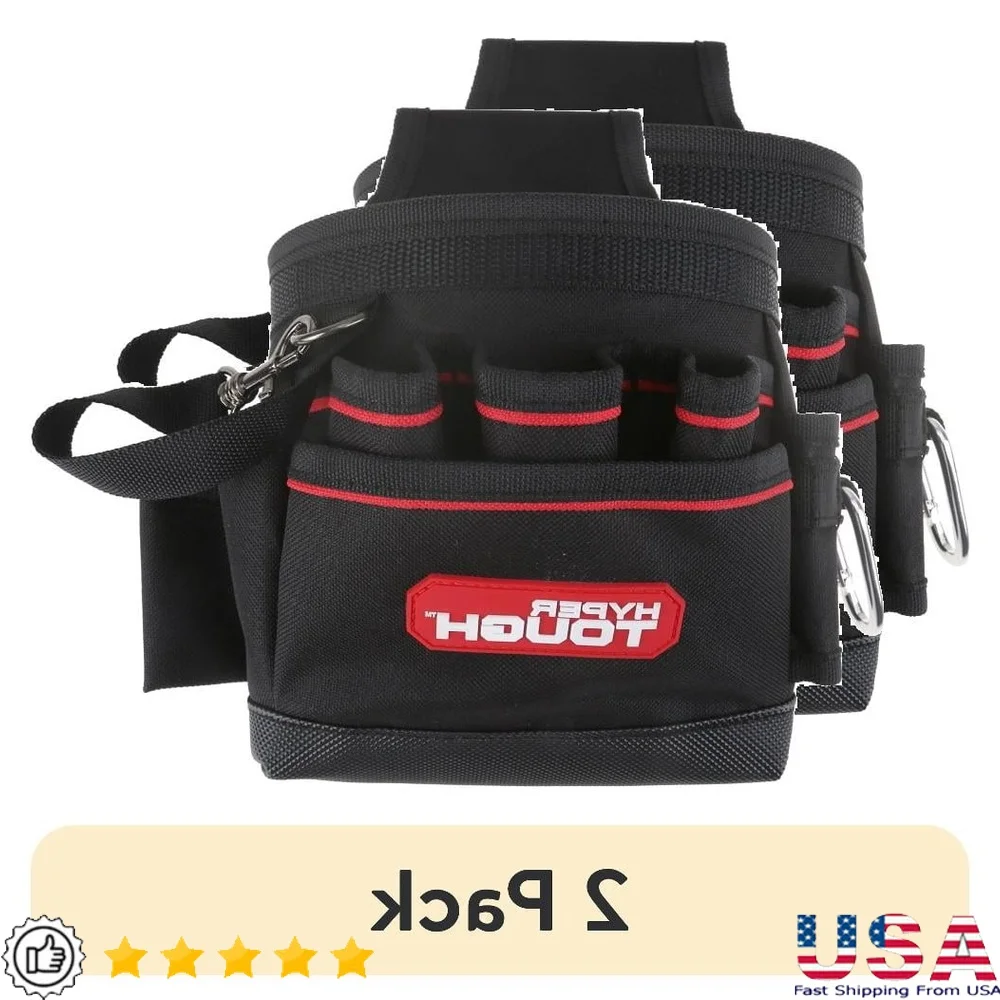 

2 Pack 9 Pocket Tool Pouch Polyester Organizer with Carabiner Electrical Tape Hook 4 Way Carry System Tradesmen DIY