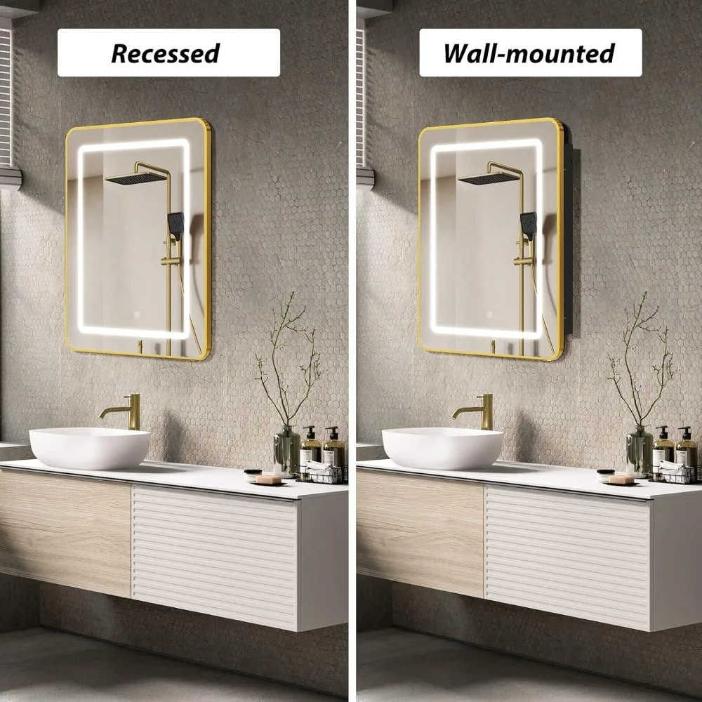 APRILSOUL 20X30 Inch Gold Bathroom Medicine Cabinet with Mirror, Recessed or Surface Lighted Medicine Cabinet with 3 Colors