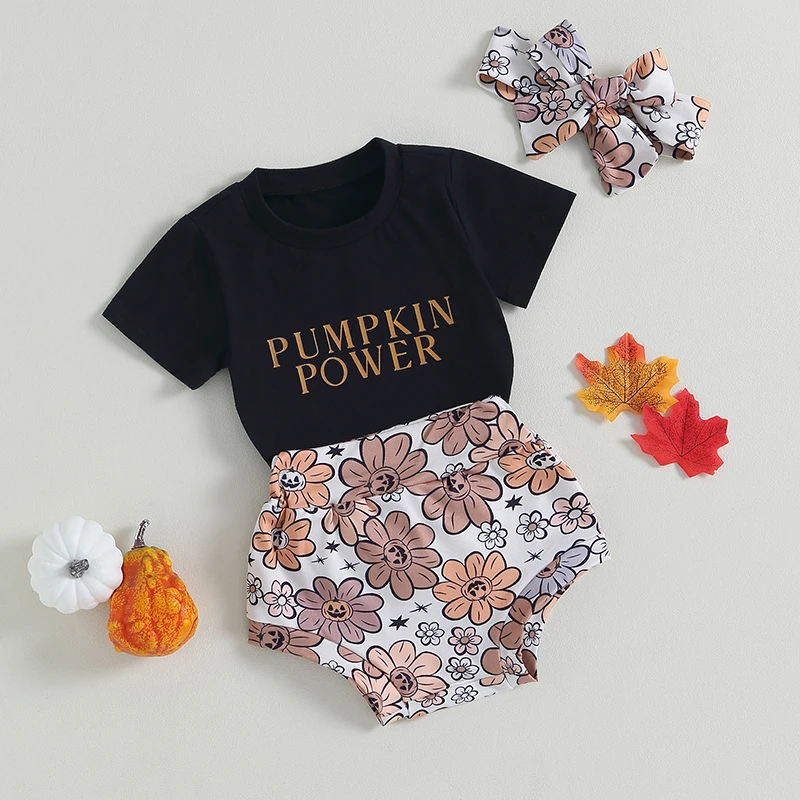 

Infant Baby Girl 3Pcs Halloween Clothes Set Pumpkin Letter Print Short Sleeve Shirt Romper Elastic Shorts Headband Outfits