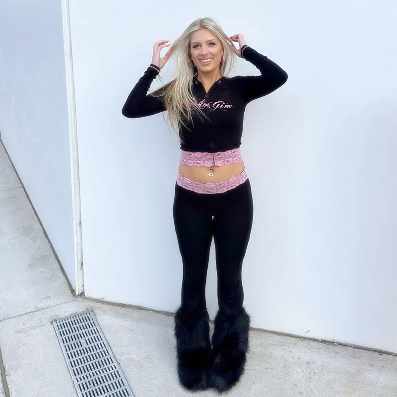 

Leosoxs Lace Patchwork Woman 2 Piece Set Hooded Zip Crop Jacket + Patchwork Flare Pants Matching Streetwear Matching Outfits