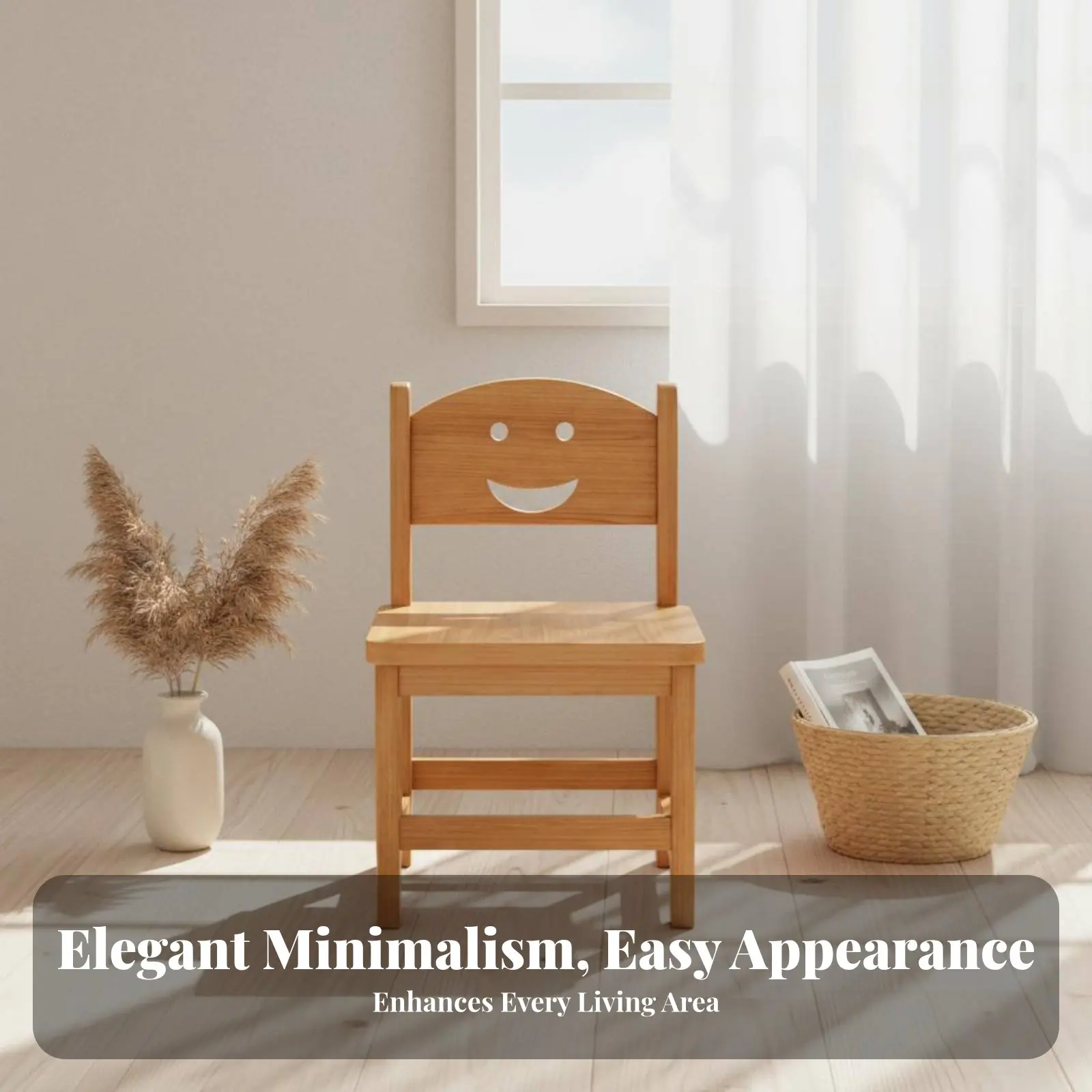 背もたれ付き木製椅子、安定した四脚デザイン、低座、子供やプレイルームに多目的に使える