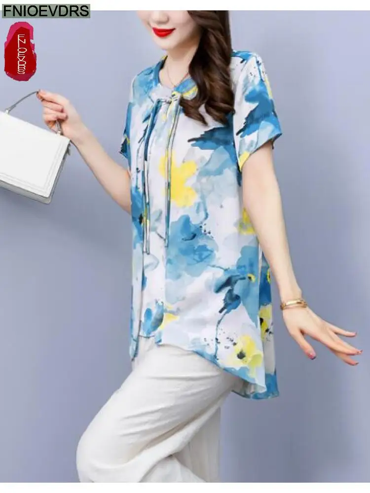 L-5XL 2023 Loose Clothes Women Fashion Design Elegant Office Lady Basic Shirt Casual Retro Floral Print Vintage Bow Tops Blouses