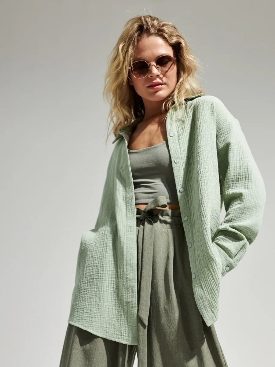 100% 순면 린넨 루즈 블라우스 여성용 긴팔 턴다운 티셔츠 싱글 버튼 오피스룩 가을 캐주얼 셔츠 베이직 탑