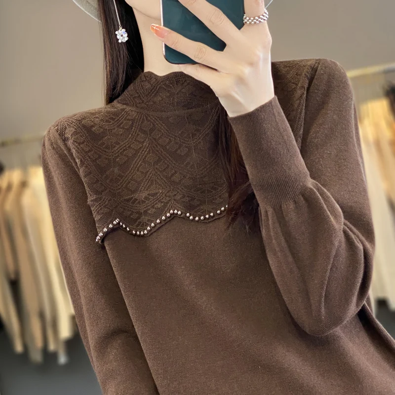 Coffee colored sweater for women in autumn and winter, fashionable and westernized, age reducing knitted sweater, top temperamen