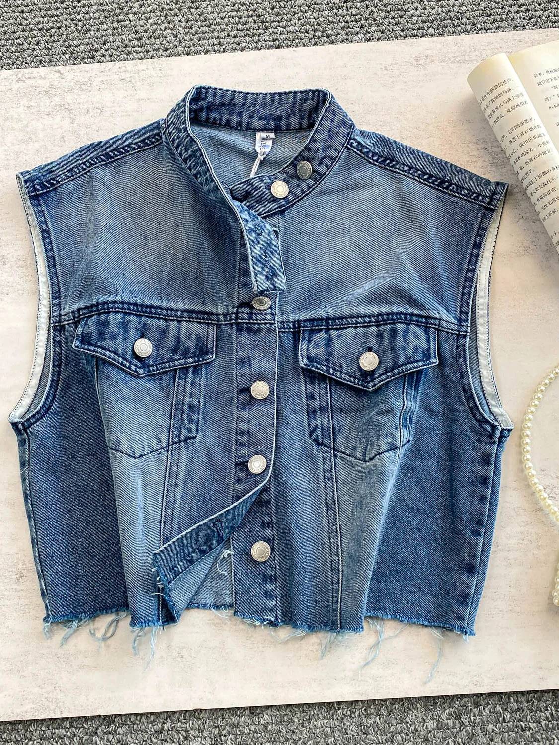 

New Chinese Sle Single Button Stand Collar Vest Women's Summer Blue Layered Slimming Fringed Denim ort Top