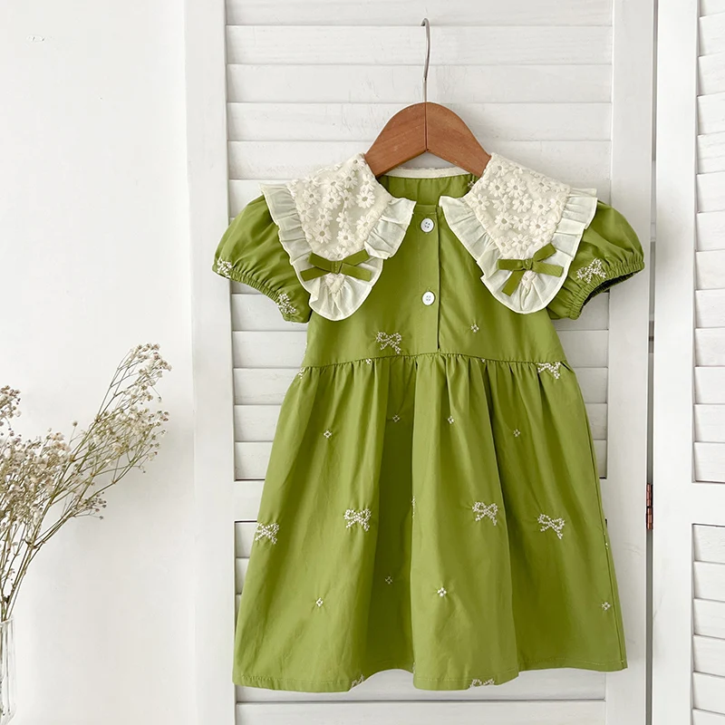 Summer Korean Baby Girl Dress 1-6Yrs Girls Green Dress Embroidery Version Children\'s Fresh Cute Princess Dress Stylish Bow Dress