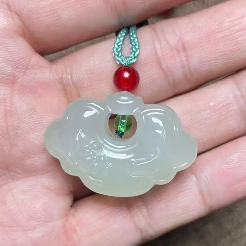 Natural Hetian Jade Blue-White Translucent Pendant With Fish Motif, Auspicious Lock Charm Men And Women