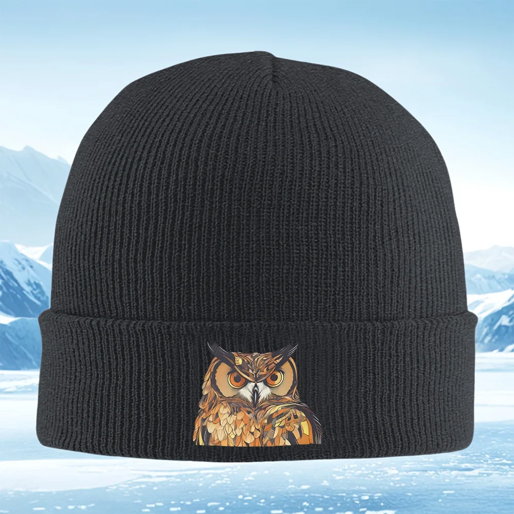 Owl face,detailed,feathers pattern,orange eye Men Women Unisex Knitted Hat Beanie Pullover Cap Winter Thermal Warm Christmas Out