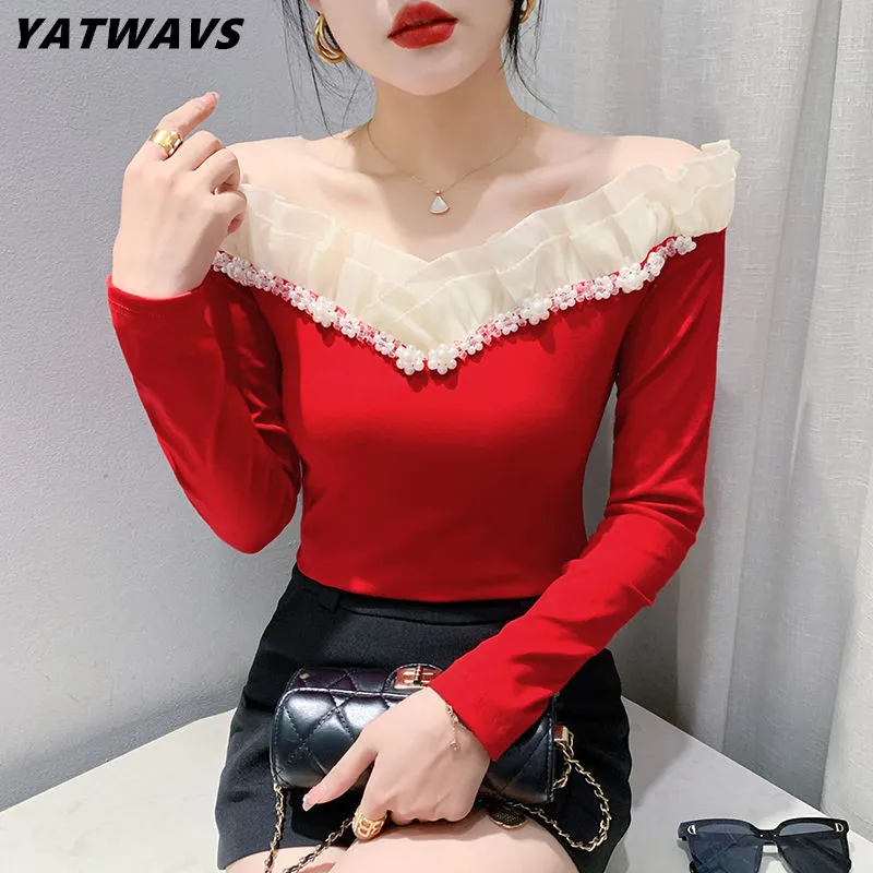 

High Quality New Autumn Fashion Women Clothes T-Shirt Sexy Slash Neck Ruffled Beading Tees Long Sleeve Slim Female Cotton Tops