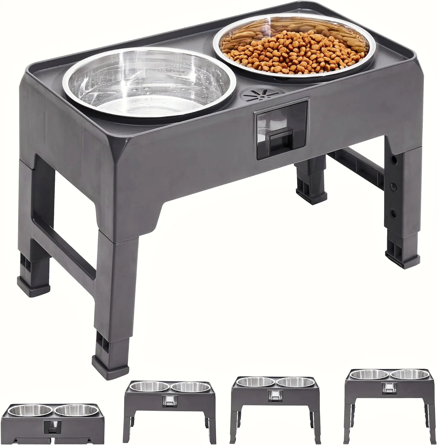 

4 Height Elevated Pet Feeder Stand With Stainless Steel Double Bowls, Adjustable Non-slip Raised Dog Feeder Bowls