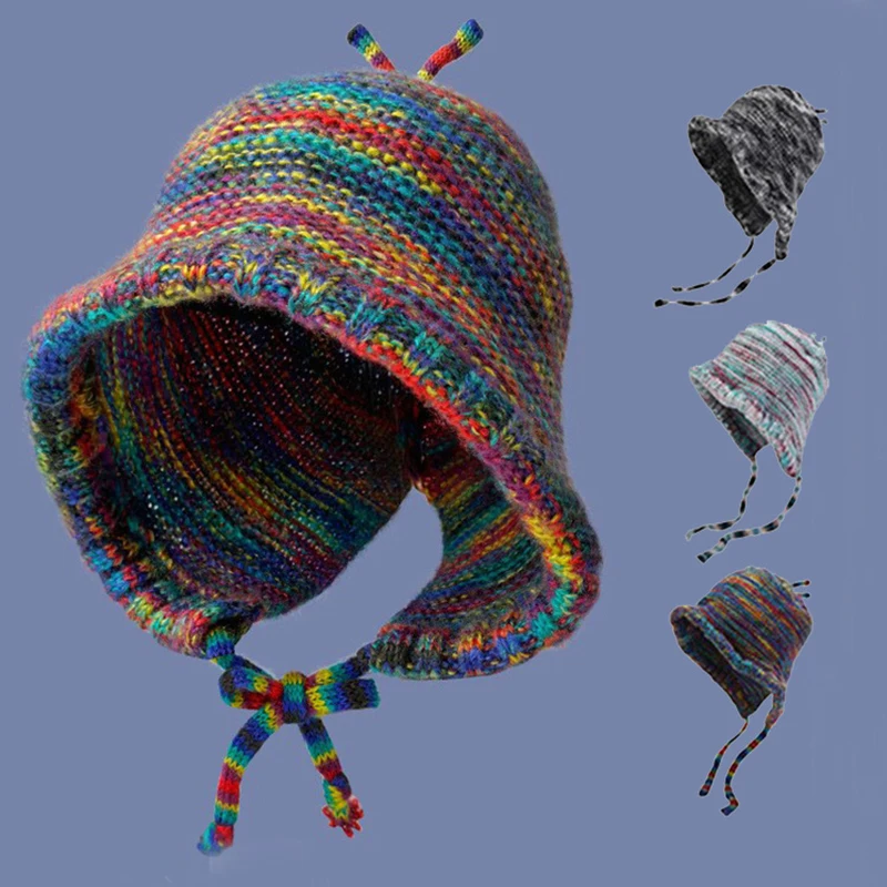 Colorful Rainbow Striped Knit Wool Beanie Hat For Women Winter Warm Crochet Ear Protection Cap Female Girl Snow Windproof Bonnet