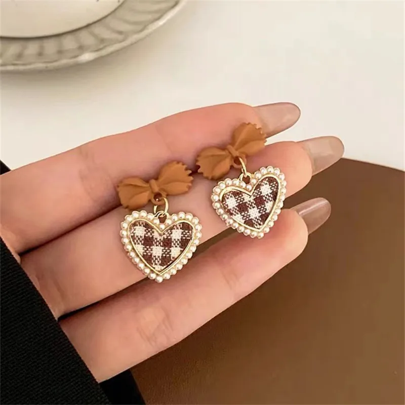 Korean Heart Drop Earrings For Women Girl Romantic Valentine's Day Gift Fashion Jewelry Trend Hanging Pearl Cute Bowknot Earring