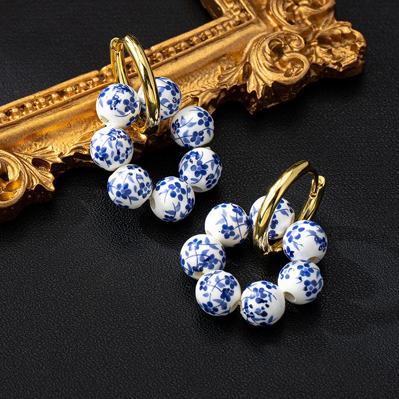 Vintage Geometric Round Ball Blue White Enamel Ceramic Earrings For Women Girls Party Jewelry Gifts Fashion Accessories