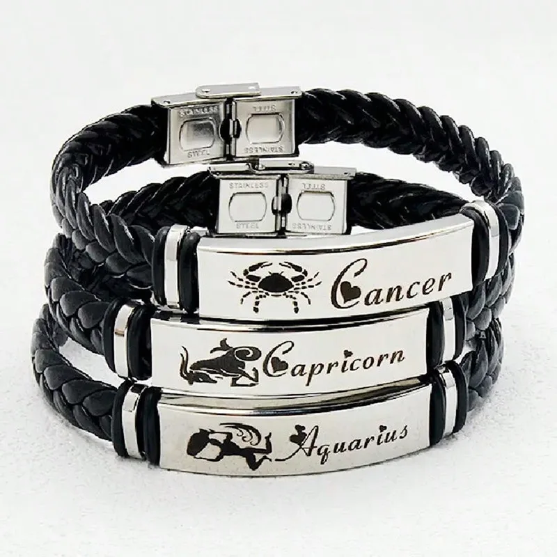 Twelve Constellations Stainless Steel Fashion Creative Leather Weaving Beaded Bracelet Gift for Boys and Girls Wholesale Gifts